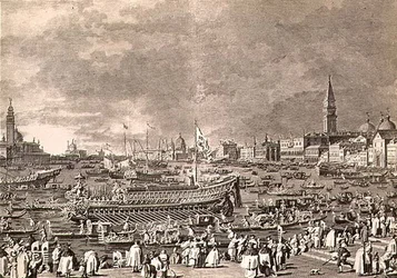 Dogens landstigning på Bucintoro för äktenskapet med havet, graverad av Giovanni Battista Brustolon (1712-96) (gravyr)