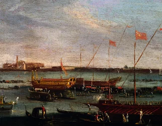 Bucentauren (statliga galären för dogerna i Venedig) vid Lido i Venedig, olja på duk, School of Canaletto, Italien