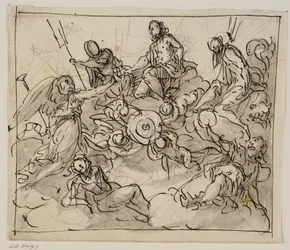 Allegorisk komposition med Venedig omgiven av två havsgudar, Fame och andra figurer