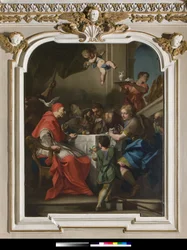"" Den helige Gregoire den store vid ett bord med Jesus förklädd i pelerin"" Nära påven, den Helige Andes duva (Helige Ande) 1729-1731 (målning)