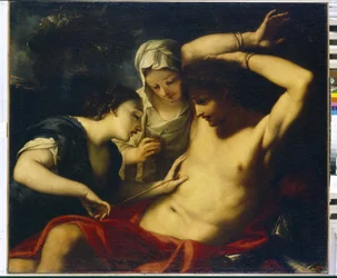 Saint Sebastian (martyr tidigt 300-tal), Saint Irene (från Rom, martyr 304) och Saint Lucia (från Syracusa, martyr omkring 303 eller 310) (De heliga Sebastian, Irene och Lucia) - Målning av Antonio Balestra (1666-1740) ), olja på duk - italiensk konst (Ver