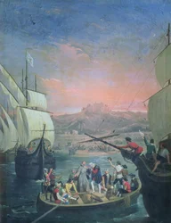 Santa Maria, Pinta och Ninas avgång från Palos 1492 (olja på duk)