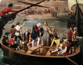 Santa Marias, Pintans och Ninas avgång från Palos 1492 - Avgången av de tre karavellerna av Christopher Columbus (1451-1506) från Palos den 03/08/1492, detalj. Målning av Antonio Cabral och Bejarano (1798-1861). Gränsens pinnar. Rabida