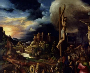 Kristus på korset Passionsscener: steg upp till Golgata (Korsets väg), korsfästelse. Målning av Antonio Campi (1526-1587) Ec. Ital