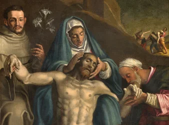 Norra tvärskeppet, avsättningens altare, Kristi avsättning stödd av jungfrun och de heliga Raymond och Antonius av Padua, Antonio Campi 1566, detaljaltartavla