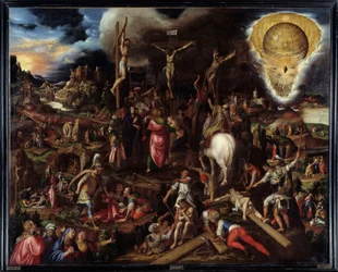 Scener av passion: bön i olivträdens trädgård, förräderi av Judas, arrestering av Kristus, hånade Kristus, stiger upp till Golgata (Korsvägen), korsfästelse, uppståndelse... Målning av Antonio Campi (1526-1587) Ec. Ital