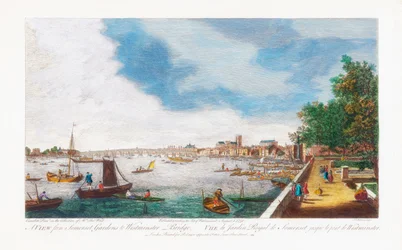 En vy från Somerset Gardens till Westminster Bridge, graverad av John Miller, 1750