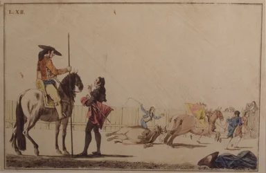 Picador rider och släpar tjuren
