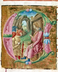Herode I den store (73-4 f.Kr.) beordrade massakern på oskyldiga Lettrine upplyst av Antonio Cicognari. Detalj av ett antifonarium. 1483. Cremone, kör 4, capitolo del duomo