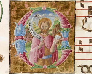 Saint John the Baptist Lettrine upplyst av Antonio Cicognari. Detalj av ett antifonarium. 1483. Cremone, kör 4, katedralens kapitel