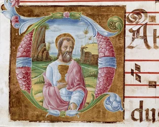 Johannes evangelisten Lettrine upplyst av Antonio Cicognari. Detalj av ett antifonarium. 1483. Cremone, kör 4, capitolo del duomo