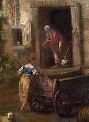 ""Landskap i Italien"" (italienskt landskap) En bondgård på den italienska landsbygden, detalj som föreställer en gammal bondekvinna. Målning av Antonio Diziani (1737-1797) 1700-talet Mikalojus Konstantinas Ciurlionis Fine Arts Museum, Kaunas, Litauen