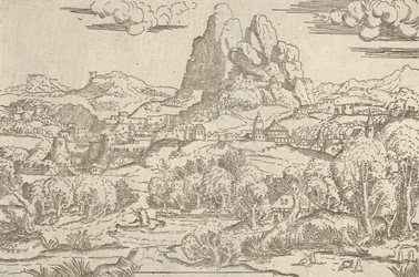 Landskap från Venus Pushing Cupid ram, 1540-45.