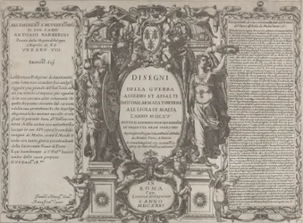Frontispice för teckningar av kriget, belägringen och anfallet av den turkiska armén på ön..., 1631.