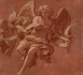Putto och ängel håller en banderole, 1706