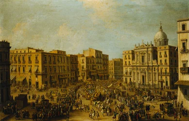 Largo San Ferdinando, Neapel, vid karnevalstid med den kungliga vagnen som närmar sig Palazzo Reale,