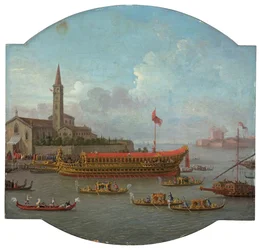 Utsikt över Bucintoro förankrad framför San Nicolo al Lido, Venedig, för ceremonin av Sposalizio del Mare