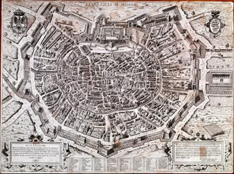 Stadskarta över Milano redigerad av Antonio Lafreri (Lafrery eller Lanfrerius) (1512-1577) 1573. Detta är den äldsta kartan i staden. Milano, Milanos museum - Karta över Milano. Den äldsta kartan över staden 1573, redigerad av Antonio Lafreri. Italien, Mil