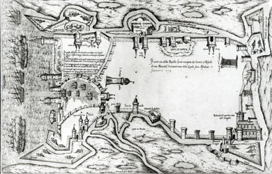 Karta som illustrerar La Rochelle ockuperat av hugenotterna