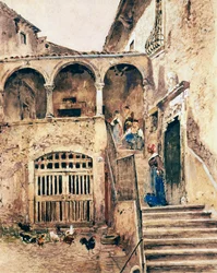 Hyresgårdens innegård, av Antonio Mancini (1852-1930)