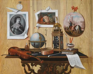 Trompe l"oeil av ett tryck och två målningar, en nyckel, en fiol, en jordglob, en klocka, ett notblad och andra föremål på ett bord