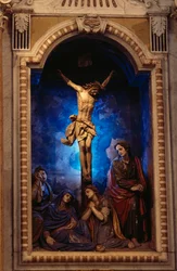 Crucifixion, av Anton Maria Maragliano (1664-1739), Crucifix kapell, Shrine of Our Lady of Acquasanta, Acquasanta, Genua, Ligurien, Italien