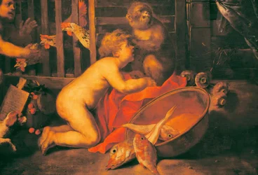 Putti, apa och skål med fisk