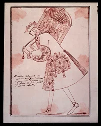 Porträtt av Gaetano Majorana kallad Caffarelli (eller Cafarello eller G Affariello) (1710-1783) Italiensk castrato (castrat) som bär bort San Giovanni Grisostomo-teatern Tecknad av Anton Maria Zanetti (1680-1767). 1700-talet. Privat samling.