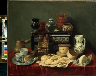""Still Life with an Ebony Chest"" (Still Life with an Ebony Chest) Ostar, porslin, kanna, servett, burkar, kaffekvarn och honungssked. Målning av Antonio de Pereda y Salgado (1611-1678) 1652 Mått 80x94 cm Saint Petersbou Hermitage Museum