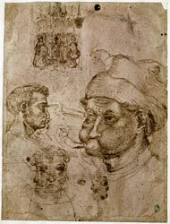 Fyra mäns huvuden, varav två har tre ansikten. En altartavla. En häst. Teckningar från verkstaden av Antonio di Puccio Pisano dit Pisanello (1395-1455). Brunt bläck, penna (ritning), blod. Mått: 27,1x20,5cm. Louvren, Cabinet des medailles.