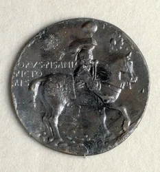 Medalj av Ludovico III Gonzaga (1414-1478), markis av Mantua. Framsida: den beväpnade markisen till häst, brons, svart patina