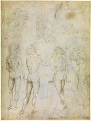 "Studier av nakna kvinnor, Bebådelse och två simmande kvinnostudier", ca 1425 (teckning)