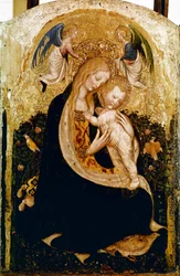 Madonnan har vaktel Detrempe på trä av Pisanello (Antonio Pisano) (ca 1380-1455). 1420 ca. Dim.50x33 cm Verone, Castevecchio Museum - Madonna med en vaktel, av Antonio Pisano a.k.a Pisanello (1380-c.1455)., Tempera på trä, 50x33 cm