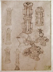 Tre hjälmar toppade med kistor och två stycken vapen demolerade. Teckning av Antonio di Puccio Pisano dit Pisanello (1395-1455) Brunt tusch, svart sten, fjäder. Mått: 28,7x20,6cm. Louvren, ritfirma