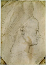 Ung kvinnas huvud, i profil till höger. Ritning av verkstaden av Antonio di Puccio Pisano dit Pisanello (1395-1455). Brunt bläck, svart sten, fjäder. Mått: 24,6x17,2 cm. Louvren, Cabinet des dessins.