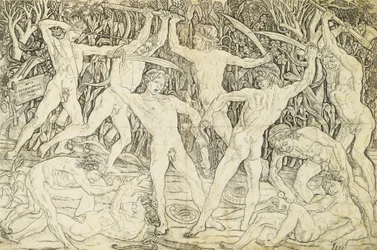 Nakenbilder i strid, av Antonio del Pollaiuolo (ca 1431-1498), gravyr
