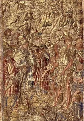 Johannes döparen inför översteprästerna och leviterna, gobeläng som skildrar scener ur helgonets liv (textil)