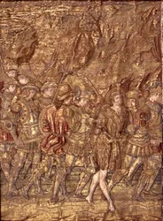 Johannes Döparen förd till fängelset, gobeläng som skildrar scener ur helgonets liv (textil)