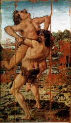 Herkules tolv stordåd: Herakles (Herkules) lyfter jätten Antaios. Antonio Benci, kallad Pollaiolo (Pollaiuolo) (1431-1498)