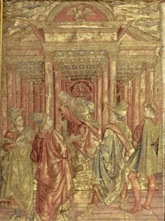Zacharias lämnar templet, gobeläng som skildrar scener ur Johannes Döparens liv (textil)