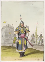 Kinesisk soldat i hel stridsklänning, illustration från 