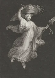 En bacchante som bär en stor korg på huvudet och håller en stav i sitt le..., ca. 1795-ca. 1820.