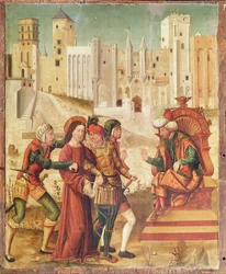 Kristus före Herodes, vänster panel från Passionens Retable, 1517-20 (tempera på panel)