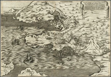Antonio Salamanca 1538 Il Vero Disegnio In Sui Propio Luogho Ritratto Del In Felice Paese Di Posuolo Quale E. M. 60 et del Monte di Nuovo Nato In Mare Et In Terra , , , 29 de Setenbre 1538