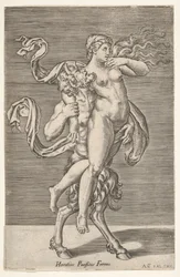 Satyr bärande en nymf, vars högra arm är lindad runt satyrens hals, med en ..., ca. 1505-62.