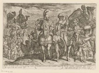 Abraham tar med Lot och hans familj till sitt eget land Abraham Loth, et familia reducit (titel på objekt) Gamla testamentets stridsscener (serietitel)