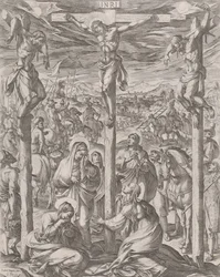 Kristus korsfästes mellan de två tjuvarna, de tre Mariana vid korsets fot, 1612.