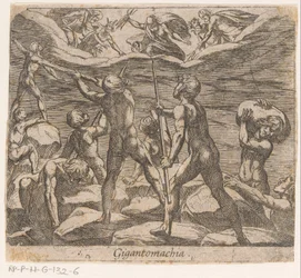 Jättarna försöker attackera Olympen Gigantomachia (titel på objekt) Metamorphoseon sive transformationum (serietitel) Metamorphoses of Ovid (serietitel)