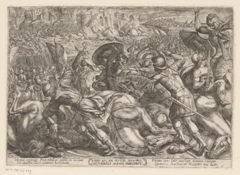 Jerikos fall Iosues ercam septies Iericho circumducit moenia corruunt (titel på objekt) Gamla testamentets stridsscener (serietitel)