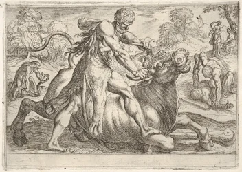 Hercules och Achelous: i mitten tar Hercules tag i hornen på en tjur medan han trycker på hans ri..., 1608.